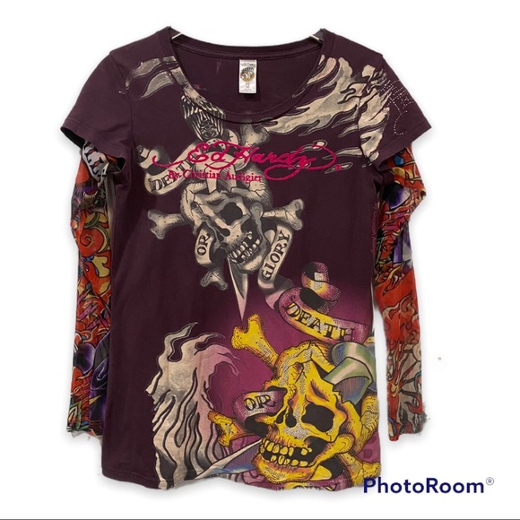 Ed Hardy Y2K Death Glory Embellished Skull Tee Mesh Tattoo Long Sleeve Top Sz M - Picture 1 of 9